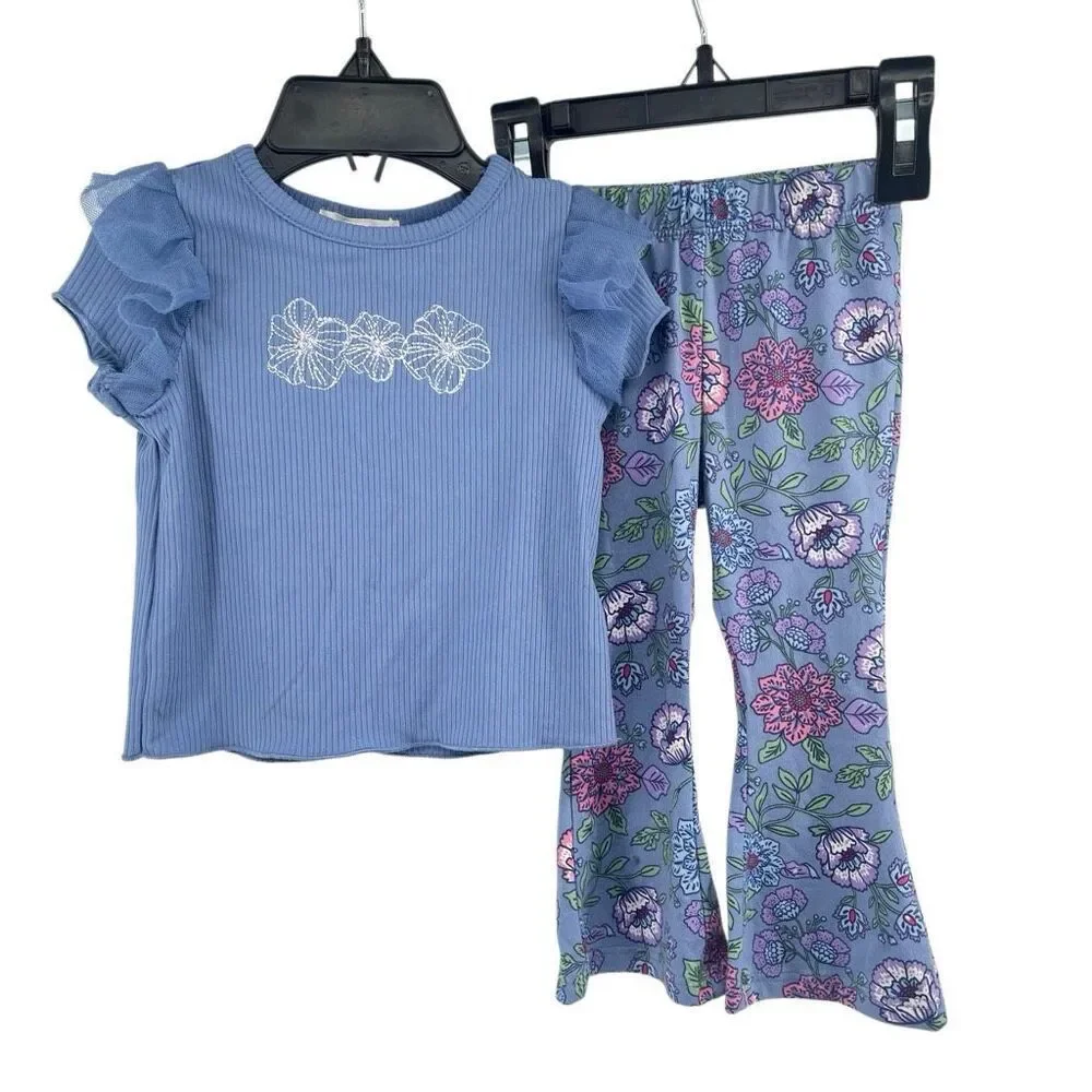 Btween Baby 3pc Floral Bell Bottom Outfit Blue Ruffle Top Leggings Headband 12M - Picture 2 of 15